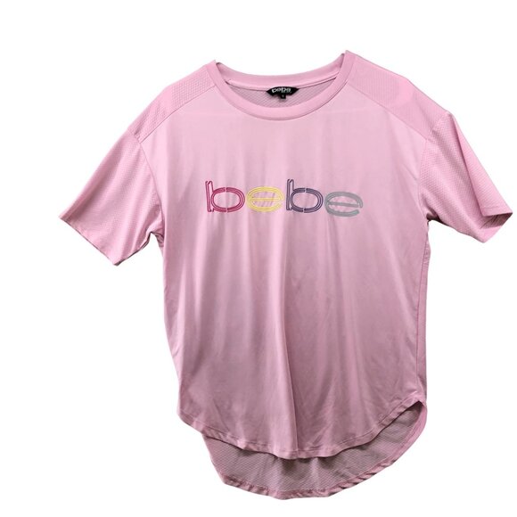 BEBE Sport Active T Shirt Womens S Oversized Short Sleeve Pink Logo Ventilated - Picture 1 of 7